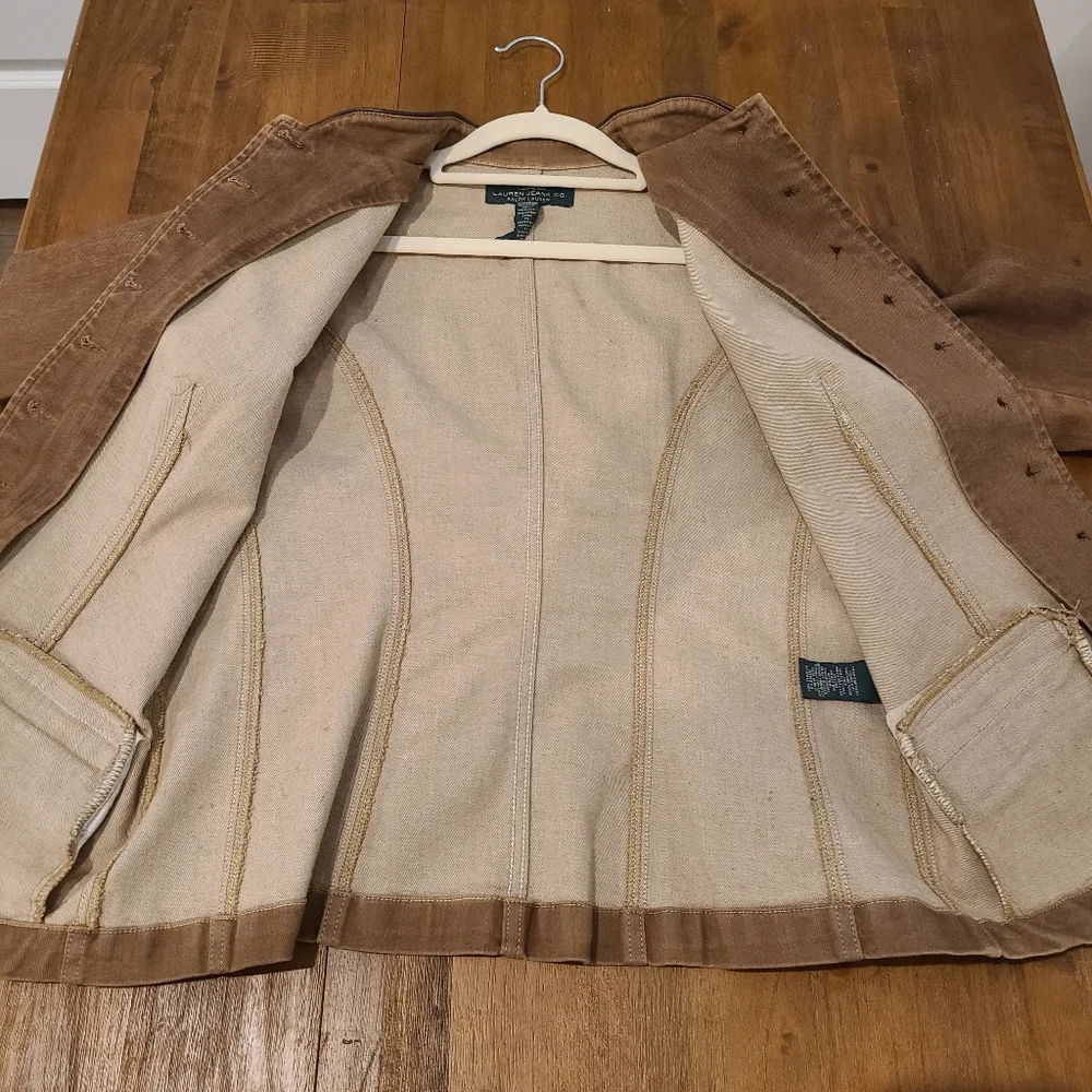 LRL Ralph Lauren Tan Button Down Military Style Sheep Leather Trim Jacket - Picture 9 of 14